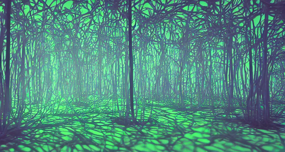 Image similar to 3d Render of neon deep sea forest, grainy, noisy