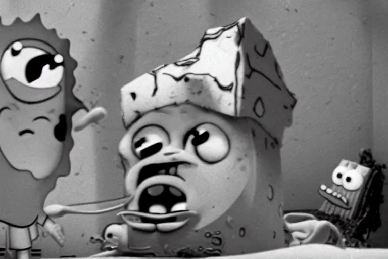 Prompt: eraserhead in a spongebob episode 35mm film