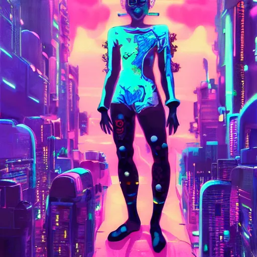 Prompt: afro - cyberpunk deities unseen amongst their creations, a society manifesting dreams with cosmic ancestral magic in a post - modern techno world | hyperrealistic oil painting | by makoto shinkai, ilya kuvshinov, lois van baarle, rossdraws, basquiat | afrofuturism, in the style of surrealism, trending on artstation | dark color scheme
