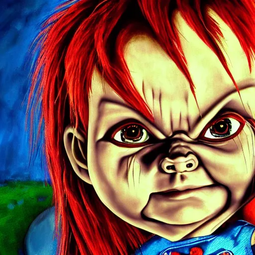 Image similar to Chucky the doll scary painting 4k detail