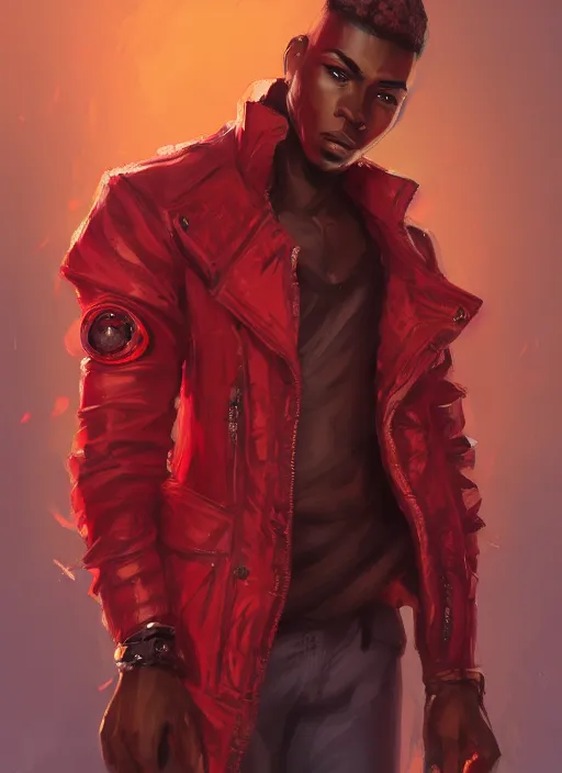 Image similar to a highly detailed illustration of attractive young african guy with flat top hair wearing red jacket, dramatic standing pose, intricate, elegant, highly detailed, centered, digital painting, artstation, concept art, smooth, sharp focus, league of legends concept art, wlop