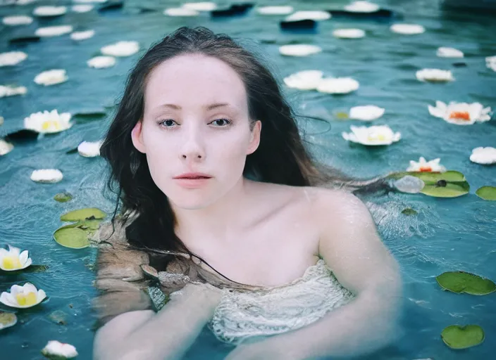 Image similar to half face in the water, nose eyes and mouth out of the water Kodak Portra 400, 8K, soft light, volumetric lighting, highly detailed, britt marling style 3/4, photo close-up portrait of extreme beautiful girl floating in water surrounded by lily pads, half face in the water, a beautiful lace dress and hair are intricate with highly detailed realistic beautiful flowers , Realistic, Refined, Highly Detailed, natural outdoor soft pastel lighting colors scheme, outdoor fine art photography, Hyper realistic, photo realistic