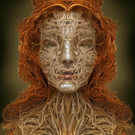 Image similar to face portrait of a beautiful woman, 150 mm, anatomical, flesh, flowers, mandelbrot fractal, veins, arteries, symmetric, intricate, golden ratio, full frame, microscopic, elegant, highly detailed, ornate, ornament, elegant , luxury, beautifully lit, ray trace, octane render in the style of peter Gric , alex grey and Romero Ressendi