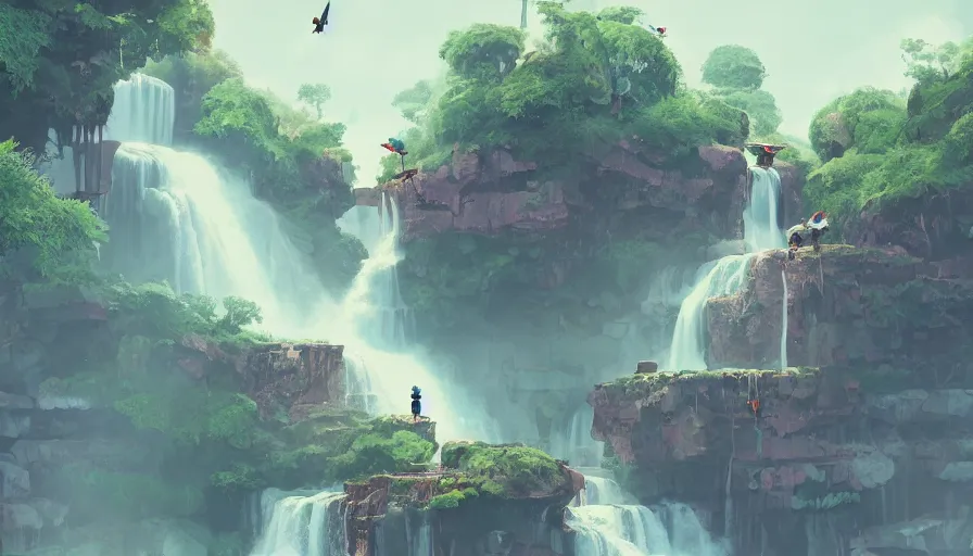 Prompt: a broken robot under a waterfall, rustic, birds flying around it, shiny, lush environment, dormant, nearby, sharp focus, james gilleard, cinematic, game art, extremely detailed digital painting, print