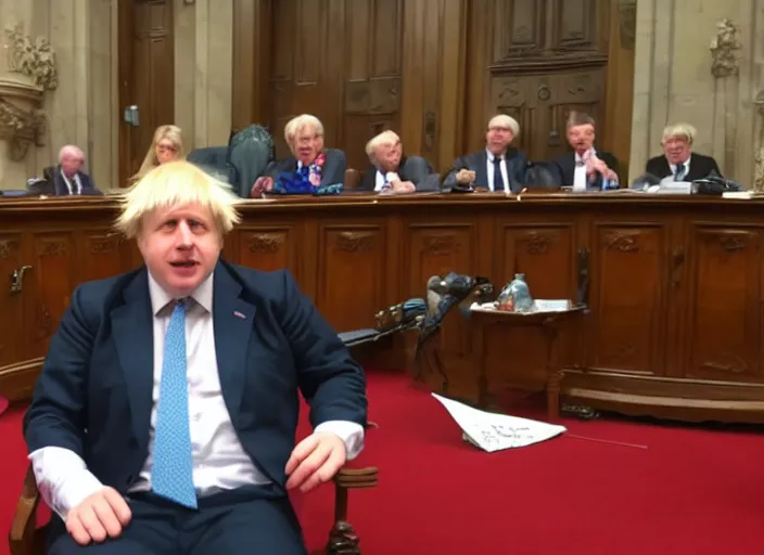 Image similar to Photo of Boris Johnson cosplaying as Dr. Eggman from Sonic series, sitting at the parlament meeting, giving an interview, highly detailed, 4k, HQ