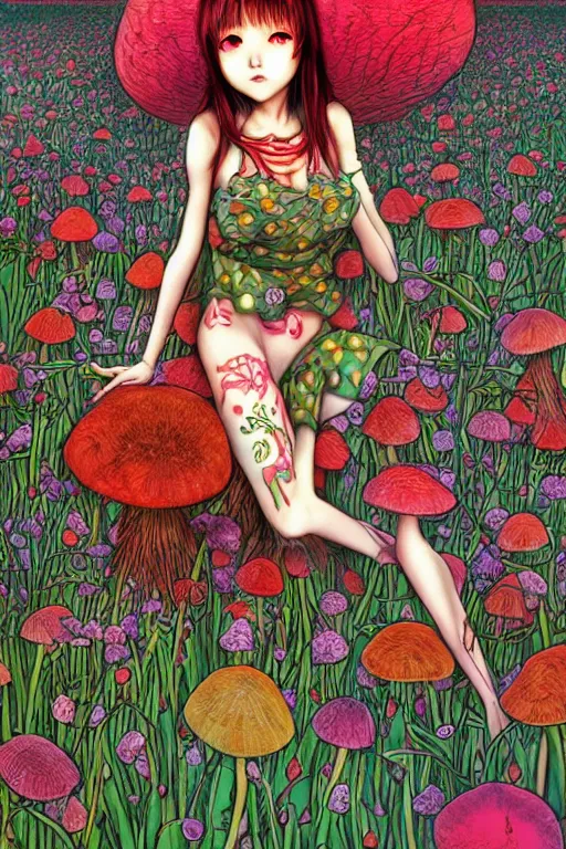 Image similar to yuuka kazami hot woman standing in a mushroom field, psychedelic, lsd, detailed upper body, beautiful face, detailed eyes, by yoshitaka amano, trending on artstation