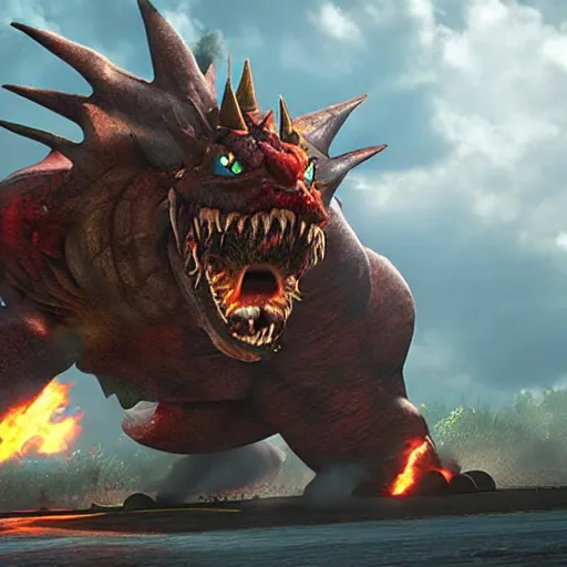 Prompt: gigantic bowser roaring into the sky, silent Hill, ruined kingdom, horror, cryengine