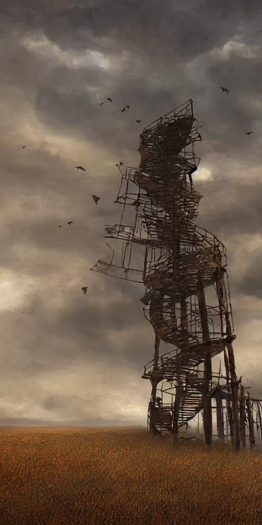 Image similar to rusty broken building constructions of a giant spiral upside - down staircase for multiple cases, leading to the sky, the ruins, in the steppe, autumn field, misty background, from the game pathologic 2, highly detailed, sharp focus, matte painting, by isaac levitan and asher brown durand,