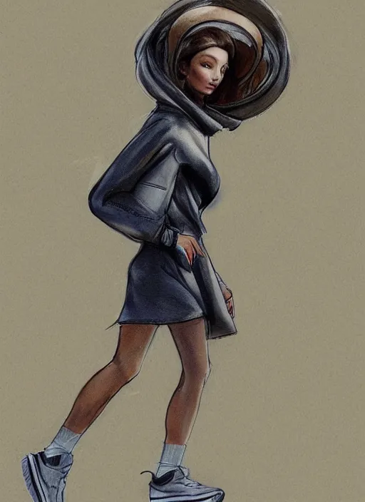 Image similar to a fashion sketch of a futuristic tennis girl wearing yeezy 5 0 0 sneakers and an anorak designed by balenciaga by brian froud and frank frazetta, low angle