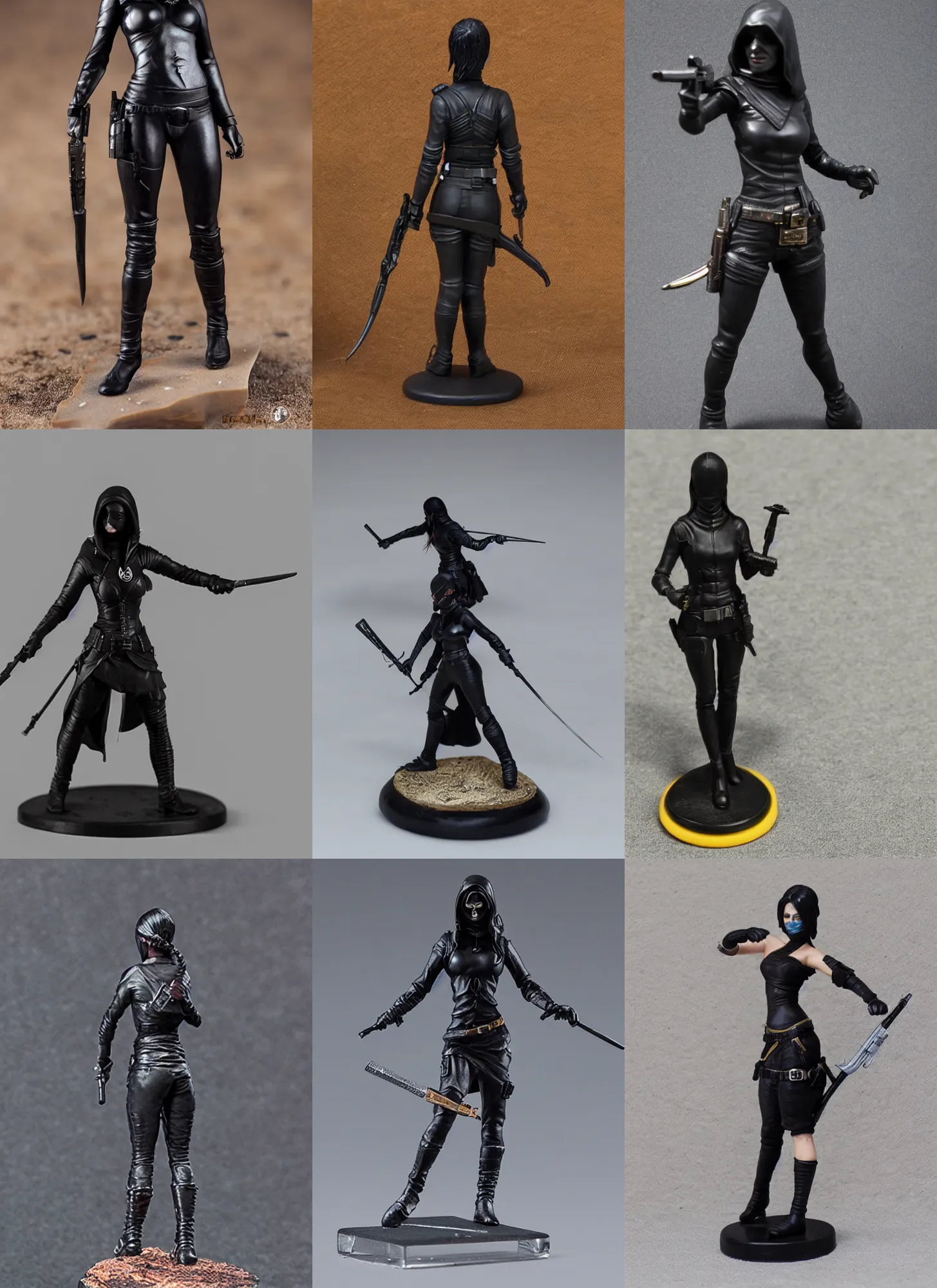 Prompt: 80mm resin detailed miniature of a assassin woman in black, head, stomach, navel, boots, Logo, textured base; Product Introduction Photos, 4K, view from front