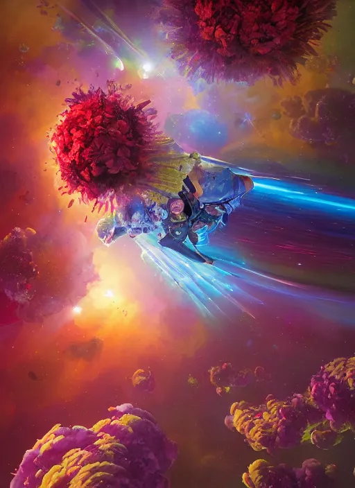 Image similar to An epic fantastic realism comic book style painting of the most beautiful flowers launched into space, bouquets, glorious galactic collision, sharp focus, fisheye, unreal 5, DAZ, hyperrealistic, octane render, dynamic lighting