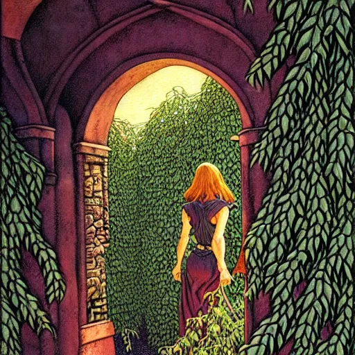 Prompt: Fantasy illustration by Clyde Caldwell Black, thorned ivy covers the walls for thirty feet east of the temple’s doorway. The vines snarl and twist, grasping at the air, as if searching for prey.