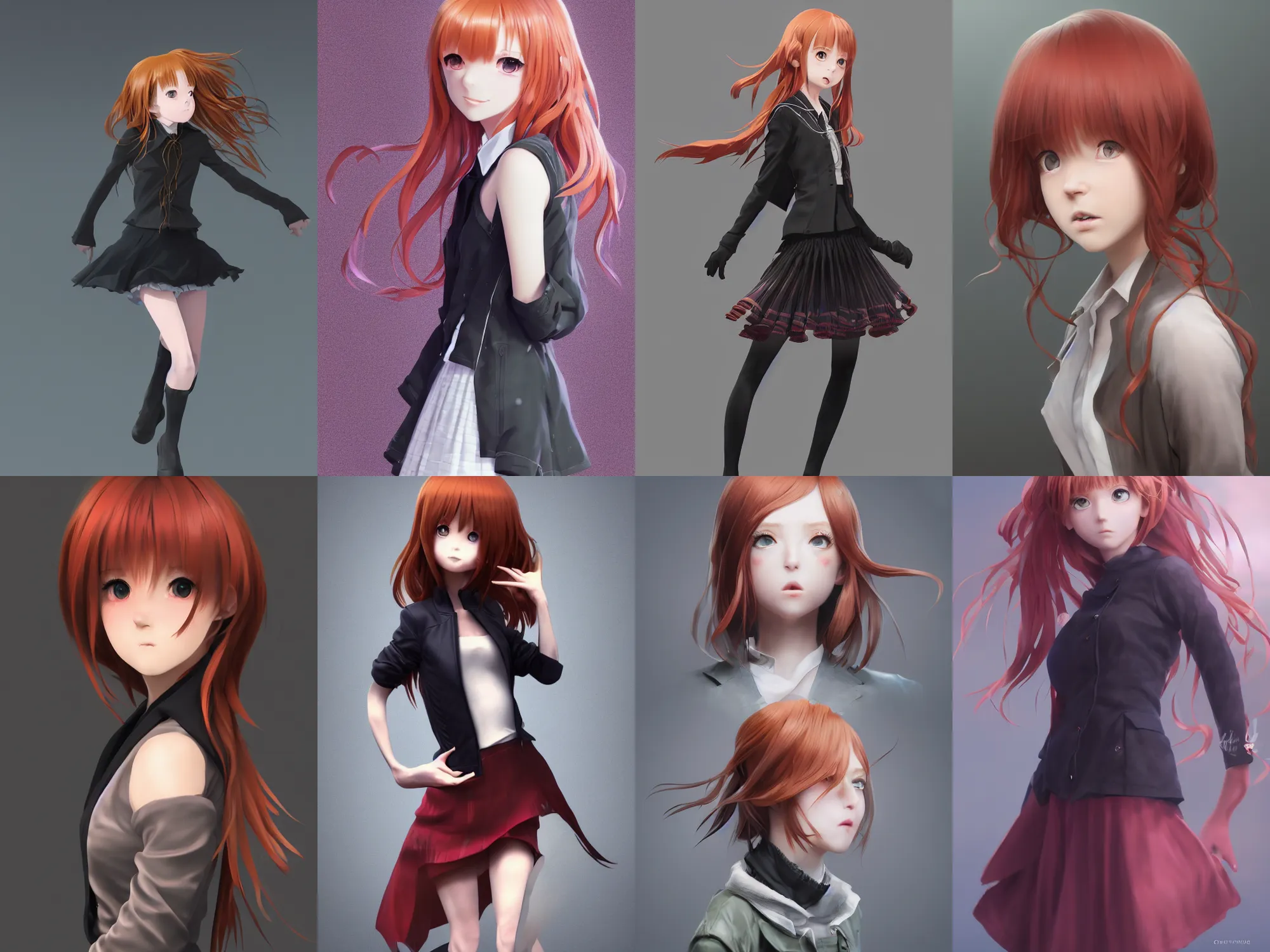 Image similar to Very complcated dynamic composition, realistic anime style at Pixiv, Zbrush sculpt colored, Octane render in Maya and Houdini VFX, young redhead girl in motion, wearing jacket and skirt, silky hair, black stunning deep eyes. By ilya kuvshinov, krenz cushart, Greg Rutkowski, trending on artstation. Amazing textured brush strokes. Cinematic dramatic soft volumetric studio lighting