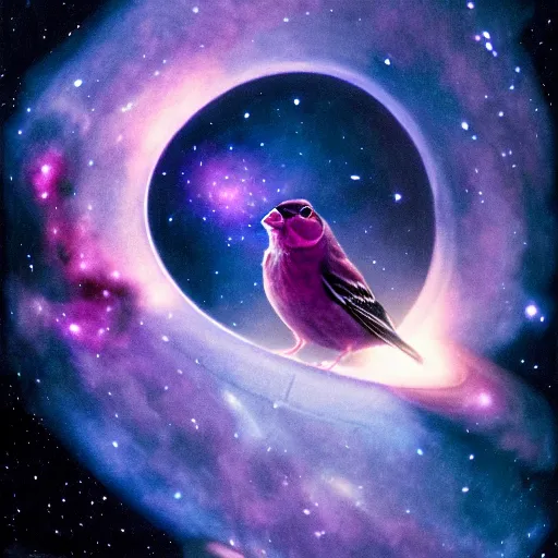 Prompt: Finch with two bodybuilder arms instead of wings, staring up into a purple blackhole, with the universe in the background, dark space, muted nebula, galaxies, sideview, medium shot, realistic award-winning photograph, anamorphic lens, painted by greg rutkowski