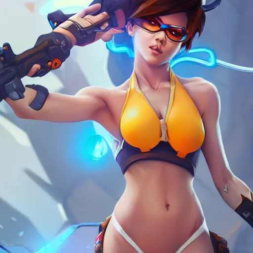 Image similar to overwatch tracer in a bikini, digital art, pretty face, very beautiful face, very detailed eyes, 8 k resolution, by wlop, greg rutkowski, full body