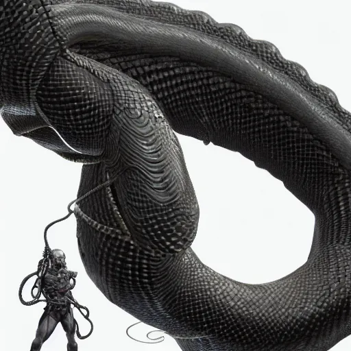 Image similar to Giant coiled stoic snake with a metallic skull as its head, calmly conversing 8k, detailed, concept art, trending on artstation