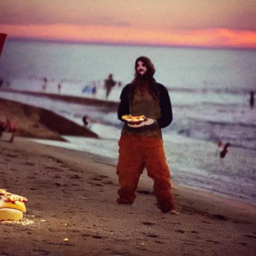 Prompt: burzum eating hamburgers on the beach