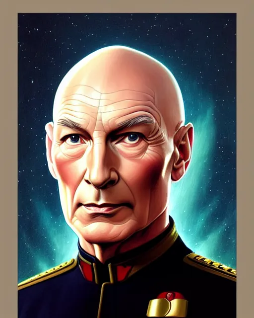 Prompt: symmetry portrait of captain picard in captain's uniform, tng, forest, intricate, elegant, highly detailed, digital painting, artstation, concept art, smooth, sharp focus, illustration, art by artgerm and greg rutkowski and fra angelico and alphons mucha