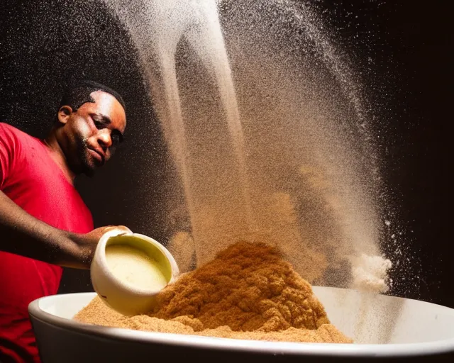 Image similar to A man with an afro mixes flour and oil then pours it down the drain, dynamic lighting, photograph