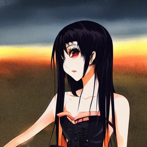 Image similar to 1 7 - year - old anime goth girl, black hair, long bob cut, long bangs, gothic coat, golden hour, partly cloudy sky, red clouds, orange sky, old town, strong lighting, strong shadows, vivid hues, ultra - realistic, sharp details, subsurface scattering, intricate details, hd anime, 2 0 1 9 anime