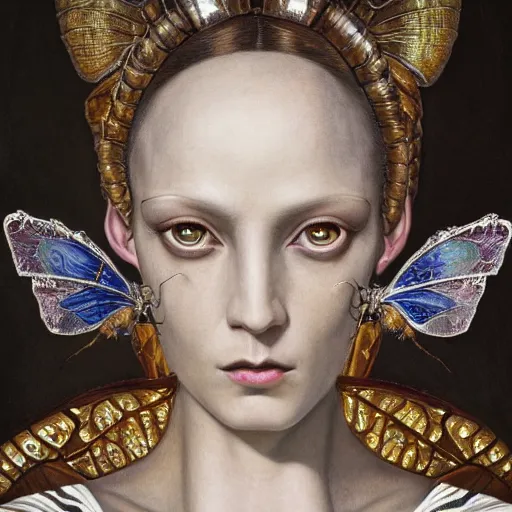 Prompt: a baroque neoclassicist close - up renaissance portrait of a beautiful art deco insect queen with glowing eyes, moth wings with geometric patterns, reflective detailed textures, baroque dark fantasy science fiction painting by diego rivera and donato giancola and jean delville and moebius and tom bagshaw, goth, dramatic lighting, silver and muted colors, artstation, octane render