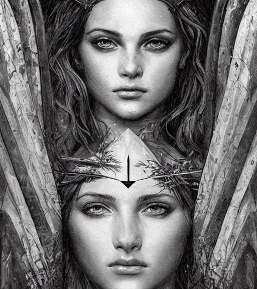 Image similar to beautiful aphrodite goddess wearing an arrow on her head, realistic face, beautiful eyes, black and white drawing, in the style of greg rutkowski, fantasy, amazing detail, epic, intricate, elegant, smooth, sharp focus