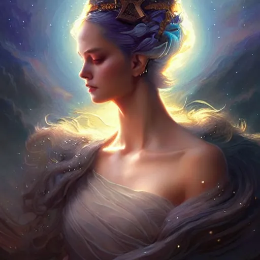 Image similar to star goddess, fine art, awesome fantasy book cover on pinterest, award winning, dark fantasy landscape, fantasy magic, intricate, elegant, sharp focus, cinematic lighting, highly detailed, digital painting, concept art, art by wlop and artgerm and greg rutkowski, masterpiece, trending on artstation, 8 k