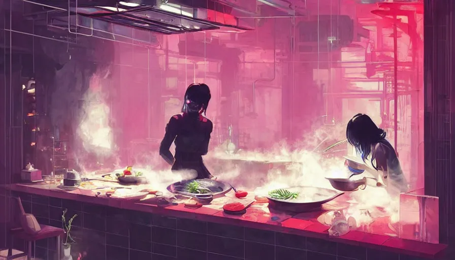 Prompt: lee jin - eun cooking a steak in a cyberpunk kitchen theme next to a pink plant by greg rutkowski, claude monet, conrad roset, takato yomamoto, rule of thirds, seductive look, beautiful