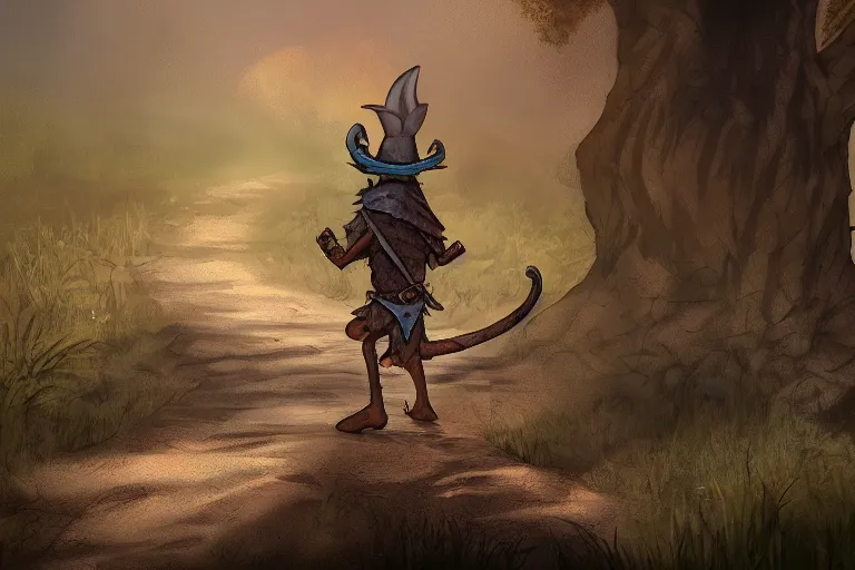 Prompt: a lone d & d kobold, traveling long dirt road, hobo stick over shoulder, fantasy setting, 4 k, digital art