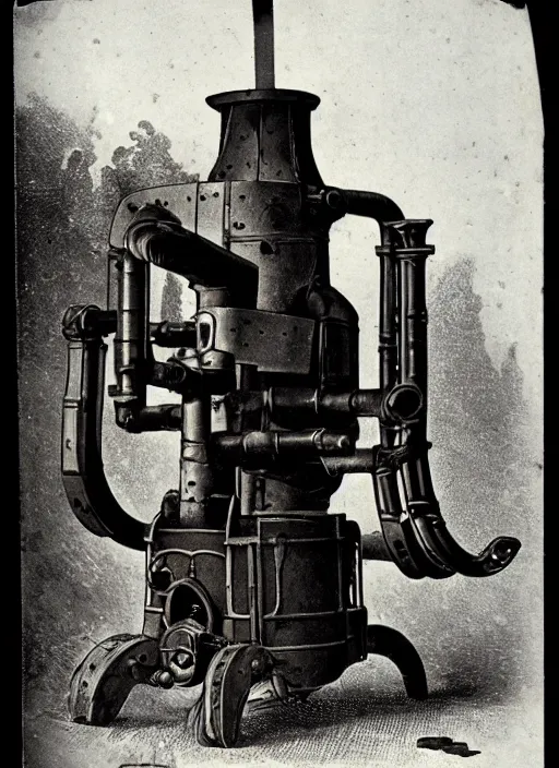 Image similar to 1 8 8 5 photo of a steampowered riveted turret from portal 2, gatling gun, daguerrotype, high quality