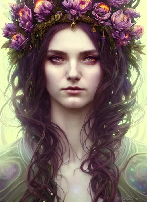 Image similar to a beautiful cinematic female druid goddess, flower Crown, galatic shamen with Quantum energy fantasy, fantasy magic, undercut hairstyle, dark light night, intricate, elegant, sharp focus, illustration, highly detailed, digital painting, concept art, matte, art by WLOP and Artgerm and Greg Rutkowski and Alphonse Mucha, masterpiece