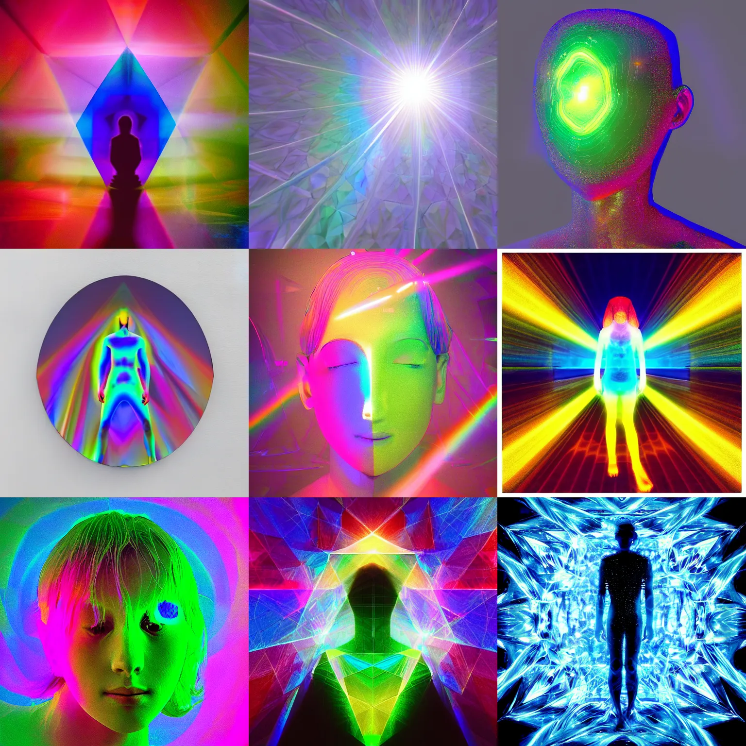Prompt: “Uwu the prismatic person, the spirit of hidden math, refracted light, caustics, light rays shining through, 4k photo”
