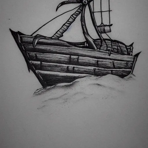 Image similar to pirate ship on a deserted island, realism tattoo drawing, hyper realistic, shaded