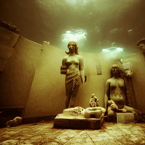 Prompt: underwater photograph of ancient greek statues sitting on a rotting couch on sea floor watching tv, elegant jellyfish, exploration, national geographic, volumetric lighting