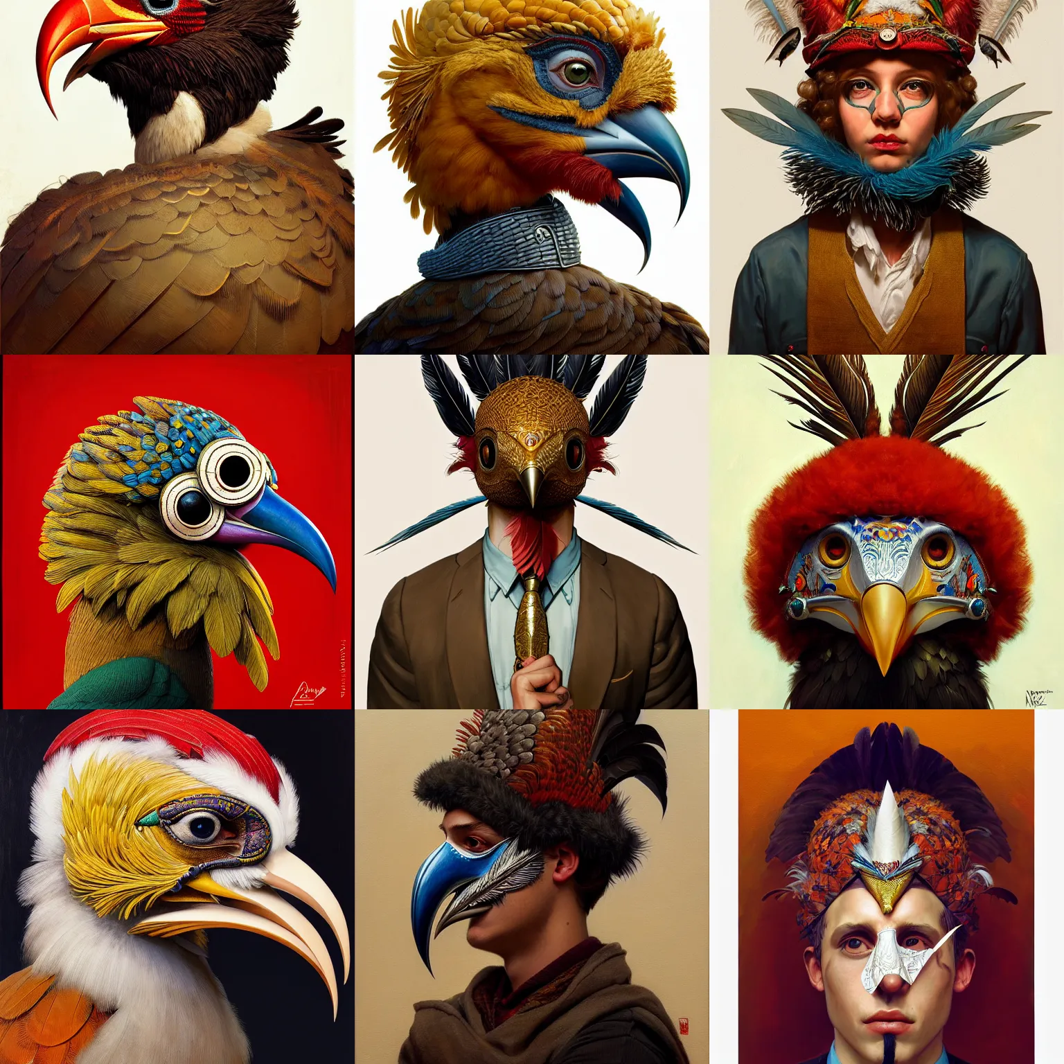 Prompt: rpg! profile! portrait of humanoid bird on white background, beak, feathers, carnival mask, intricate, highly detailed, digital painting, artstation, concept art, smooth, sharp focus, illustration, art by norman rockwell emiliano ponzi andrey remnev yoann lossel aaron jasinski, 8 k