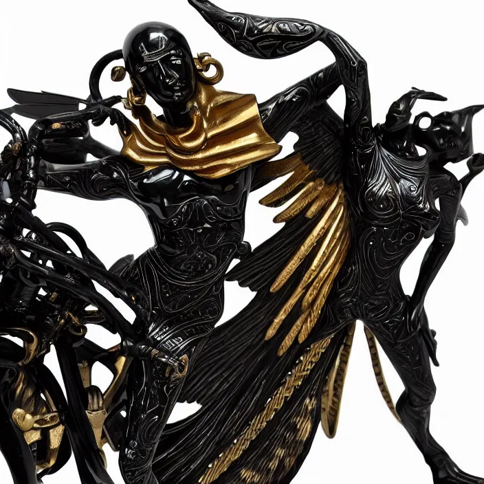 Prompt: fine art statue of masculine black egyptian god on a surrealist motorbike, ebony art deco, carved black marble, inlaid with ebony and gold accents, ebony rococo, wings black lace wear, sculpted by spider zero, zaha hadid, beautifully lit, hyper detailed, intricate, elite, ornate, photorealistic, micro details, 3 d sculpture, ray trace