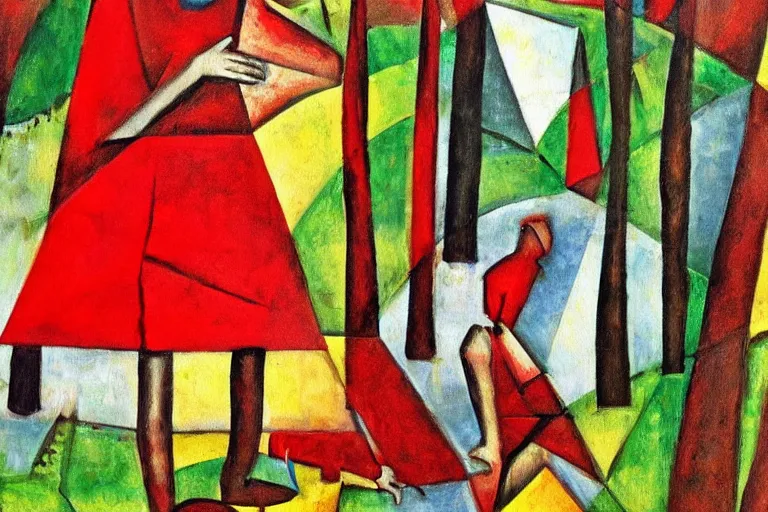 Image similar to little red riding hood walking in the forest, cubism style, painting