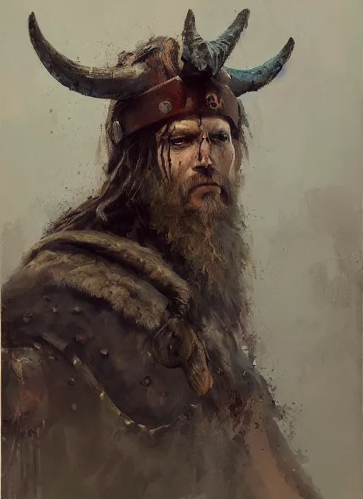 Image similar to portrait painting of viking berserker with a dinosaur skull headdress, by jeremy mann, only one head single portrait