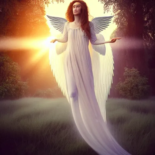 Image similar to photographic portrait of a stunningly beautiful gothic angel in heaven with divine light in soft dreamy light at sunset, contemporary fashion shoot, by edward robert hughes, annie leibovitz and steve mccurry, david lazar, jimmy nelsson, breathtaking, 8 k resolution, extremely detailed, beautiful, establishing shot, artistic, hyperrealistic, beautiful face, octane render