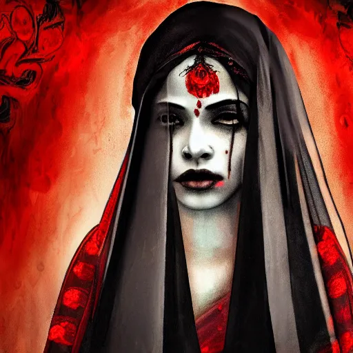 Image similar to beautiful Hindu lady of the dark with veil, in darkness, cover with blood, horror terrifying, soft light, surreal realistic, photorealistic, hyper details, full HD, 8k!