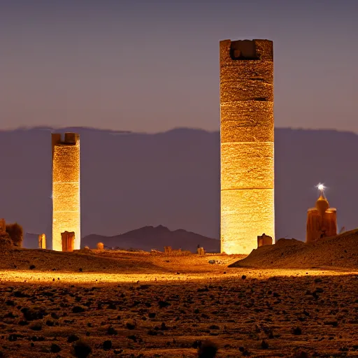 Image similar to desert at night filled with centaurs, tall white tower in the background, HD,