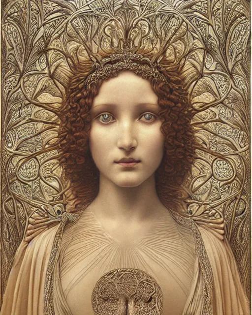 Prompt: detailed realistic face portrait of a beautiful young godess of the tree of life in ornate robes by jean delville, james jean, h. r. giger, john william godward, raphael, ernst haeckel, maxfield parrish, gothic, neo - gothic, art nouveau, neo - classical, symbolist, visionary, pre - raphaelite