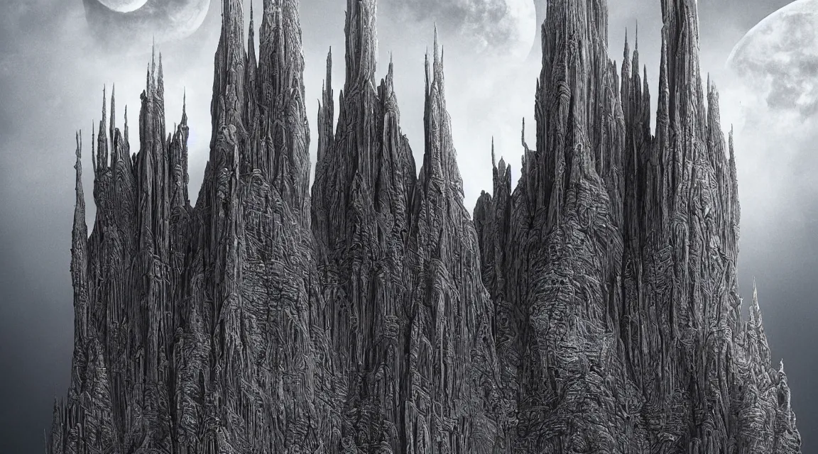 Image similar to stunning large format photograph, beautiful cinematic perspective of an incredible ultra detailed architectural masterpiece towering alien castle on a craggy grey moon inspired by moebius, strange gigantic mesas, distant mountains, soft black psychedelic haze in the sky, photographed in the style of denis villeneuve and greig fraser, Arri Alexa LF, crisp detailed ground, soft sky, visual effects and composite by ILM, 10k with IMAX