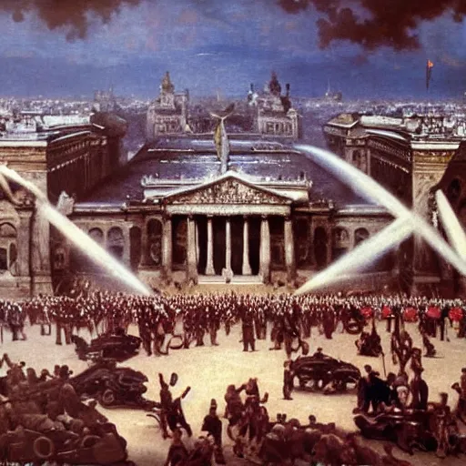 Prompt: bouguereau style painting of the battle of berlin, the reichstag, 1 9 4 5, detailed painting, panoramic view
