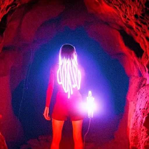 Prompt: style of Henry Peach Robinson:: The interior of an cave lit in red:: symmetrical detailed woman Stella Maeve who is screaming scared face:: blue neon light coming from the back of the cavern:: mysterious atmosphere::