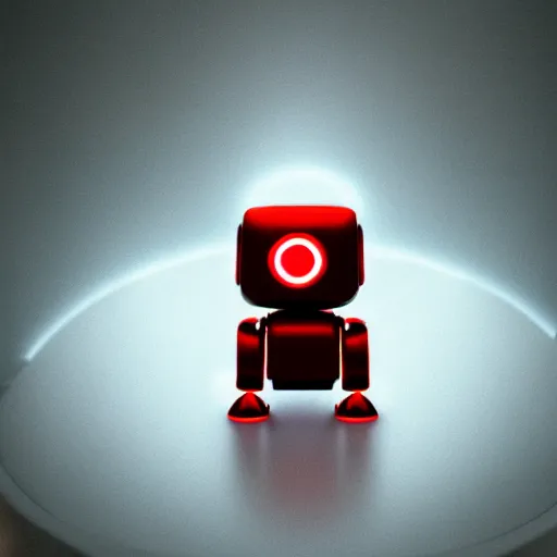 Prompt: a cute rounded tiny harmless robot, made out of shiny white metal, red led eyes, sitting on a lab table, surrounded by lab tools, 3 d hyper realistic render, white neon lighting, pixar style, futuristic, science fiction, high angle close up shot, macro, technologic - n 9