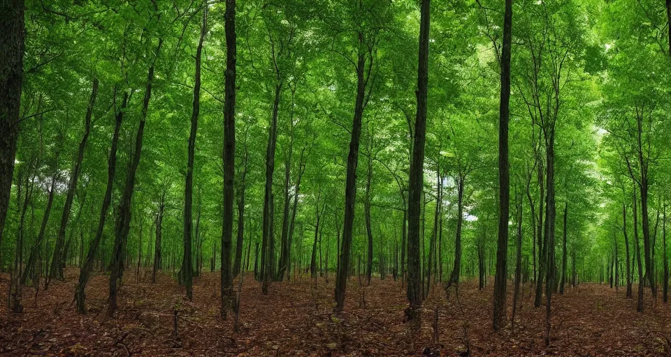 Image similar to deep inside an orderly forest, under the canopy of evenly spaced trees