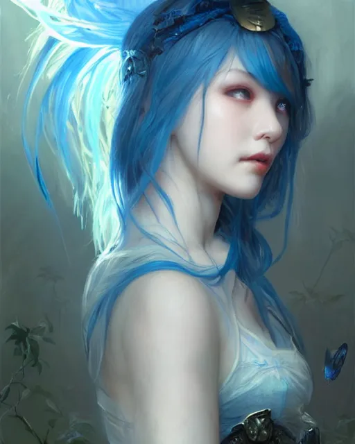 Image similar to stunningly beautiful female blue hair, cute korean actressr, fantasy art, fae priestess, lush dark forest landscape, fireflys at night, sharp focus, digital painting, 8 k, concept art, art by wlop, artgerm, greg rutkowski and alphonse mucha