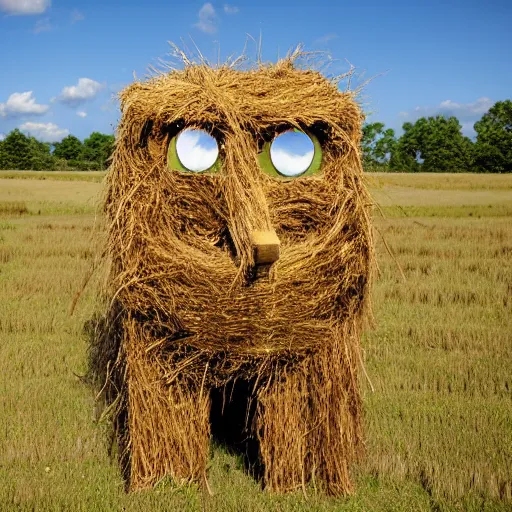 Image similar to a hay monster in a field looking ominously at the camera