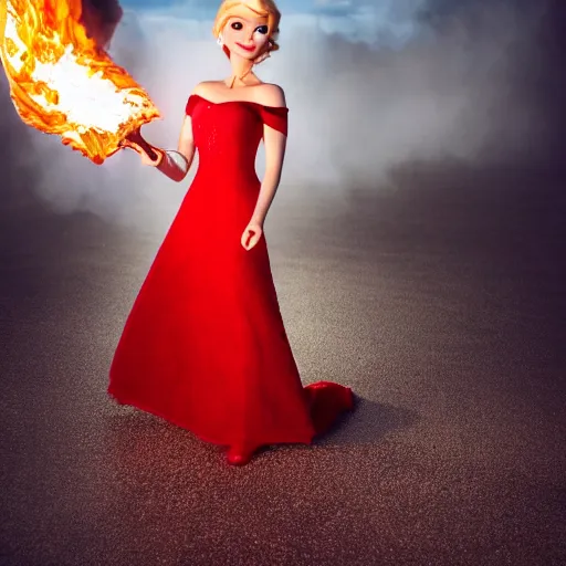 Image similar to elsa with fire powers wearing a red dress